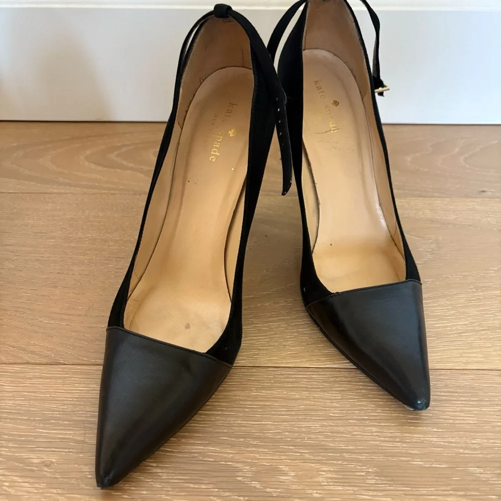 Kate Spade Liza Black Suede Leather Pointed Toe Heels Size 9.5 Ankle Strap